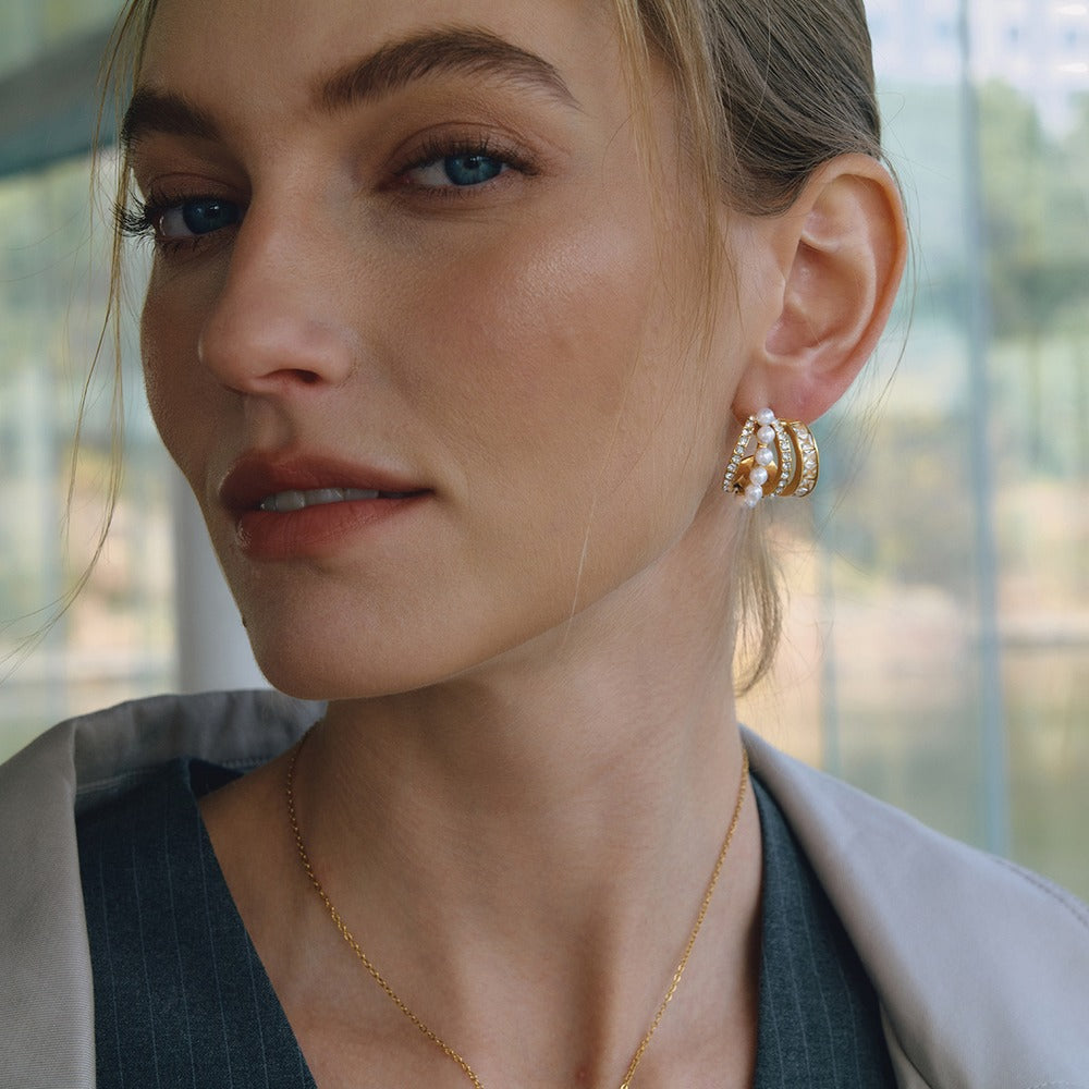 Pearl Zircon C Hoop Earrings