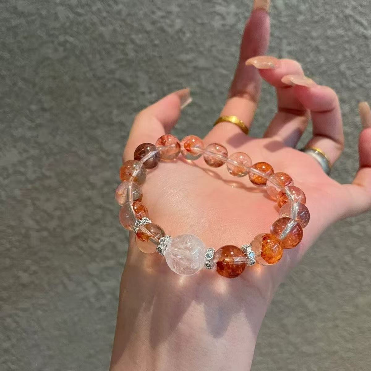 Natural Red Hematoid Quartz White Phantom Bracelet Rabbit Hair Two Tone Beaded Chain Energy Jewelry For Women
