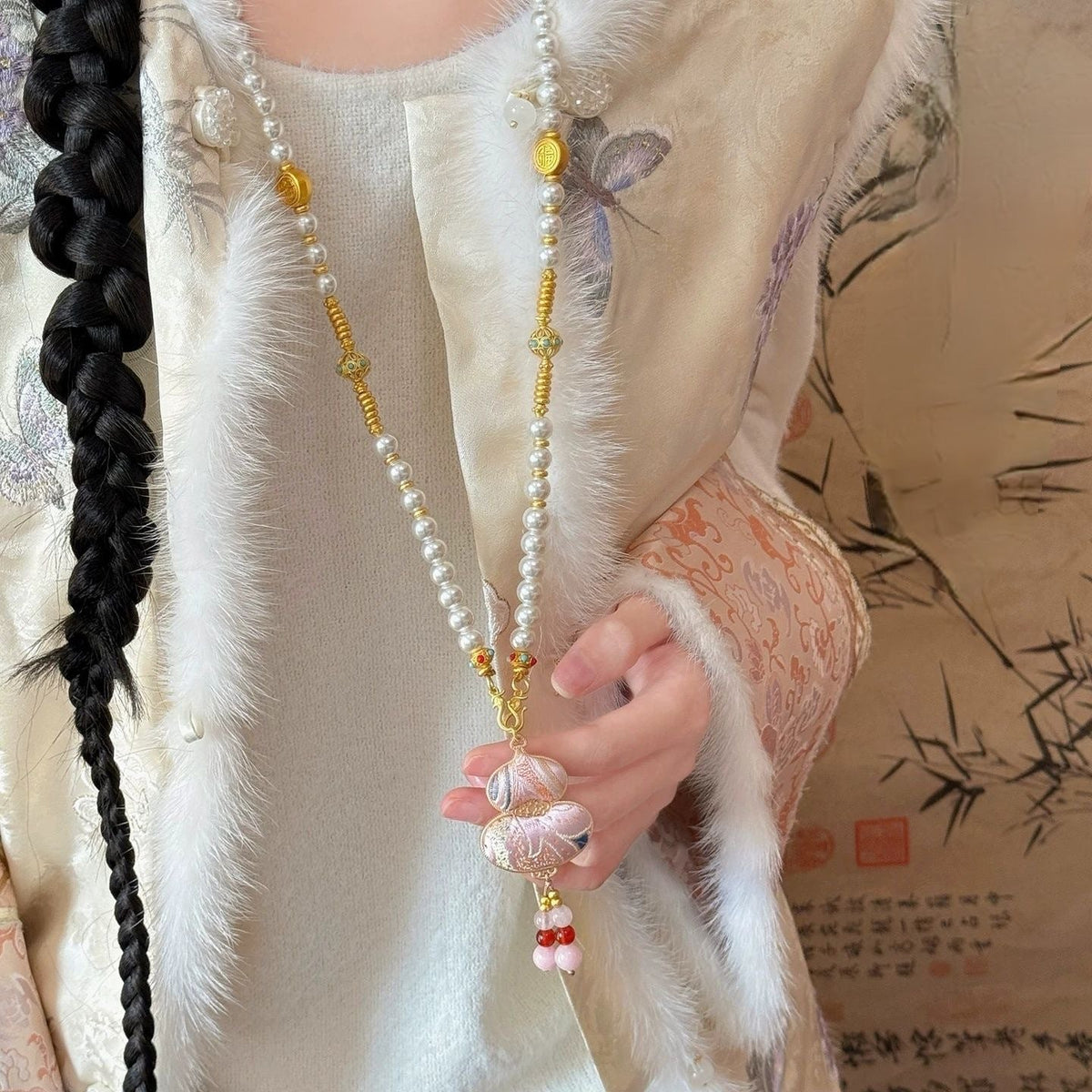 Chinese-style Song Brocade Double-sided Gourd Imitation Pearl New Chinese-style Necklace For Women, Long Ethnic-style Accessory For Cheongsam And Sweater