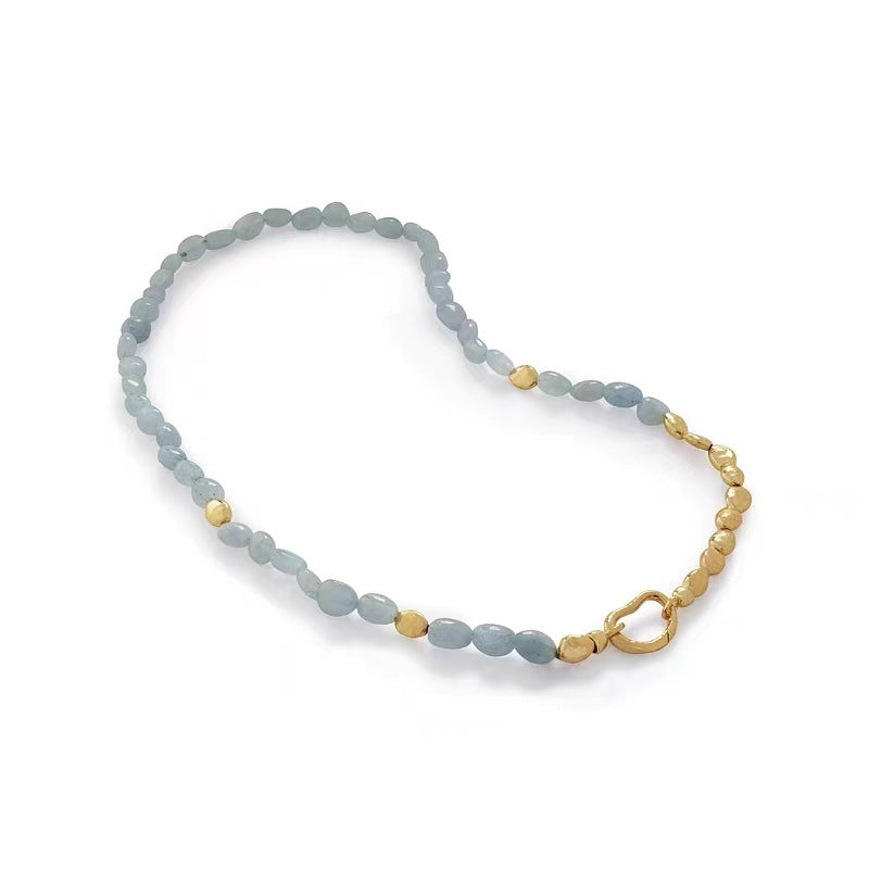 Blue Sapphire Beaded Necklace Bracelet Set Gold Tone Women Vacuum Plated Elegant Fashion Jewelry Versatile