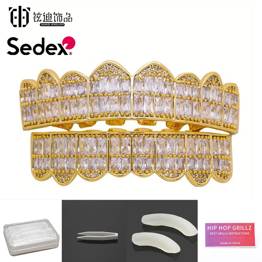 Halloween Cross-Border Hip-Hop Braces Accessories 14K Real Gold Electroplated Copper Zirconium Braces Exaggerated Rap Diamond Braces