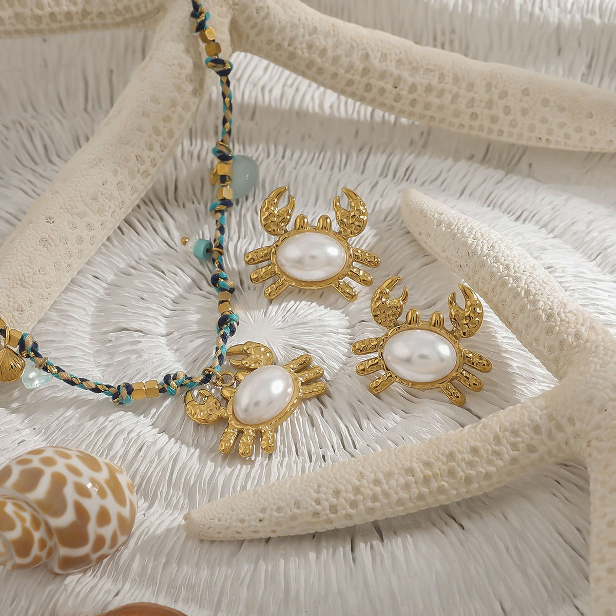 18K gold crab-shaped inlaid pearl design light luxury noble earring necklace bracelet set