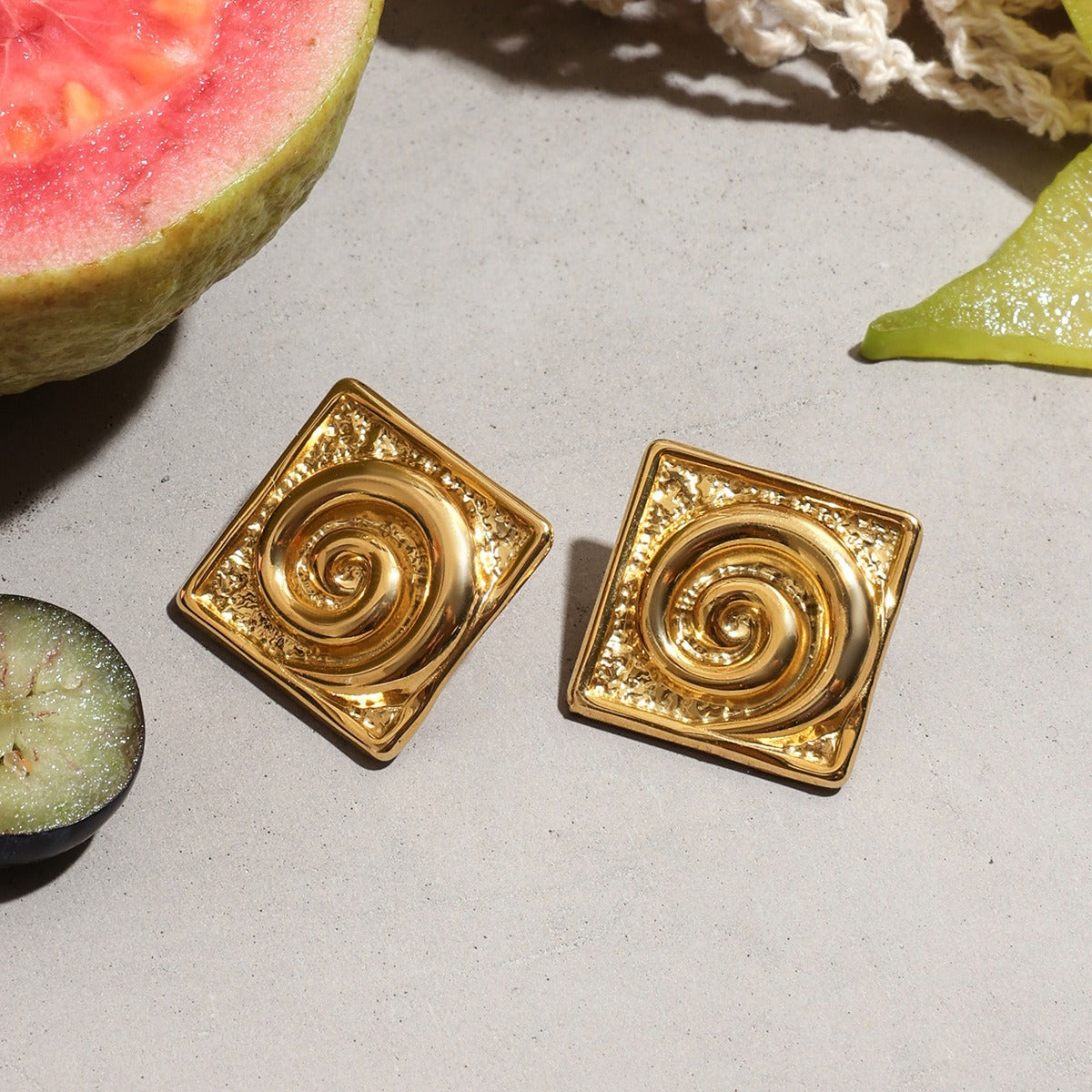 18K gold square with spiral pattern design simple and unique earrings