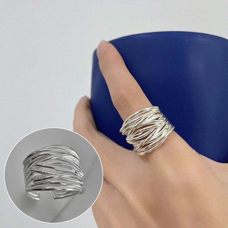 High Sense Star Open Ring For Women, INS Niche Brushed Texture Luxury Adjustable Index Finger Statement Ring