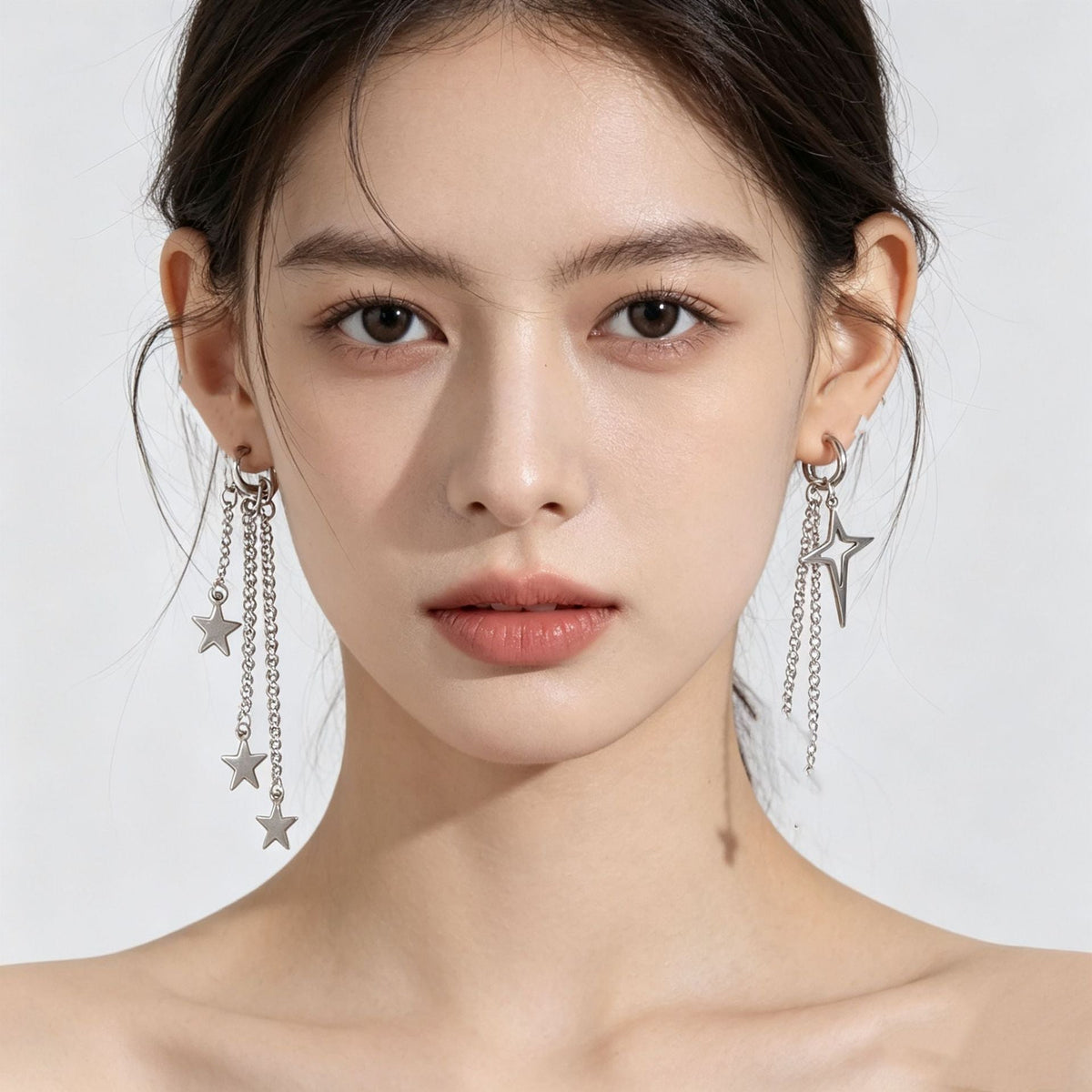 Asymmetrical Star Tassel Hoop Earrings, Hip Hop Minimalist Stainless Steel Chain Pentagram Dangle Earrings Fashion Women Ear Jewelry For Daily Street Outfit
