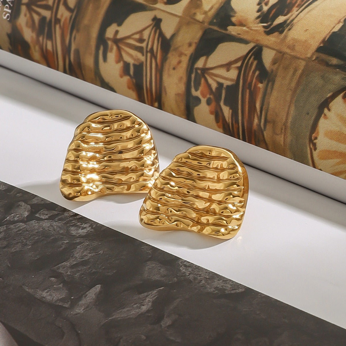 18K gold geometric shape with texture design unique personality earrings