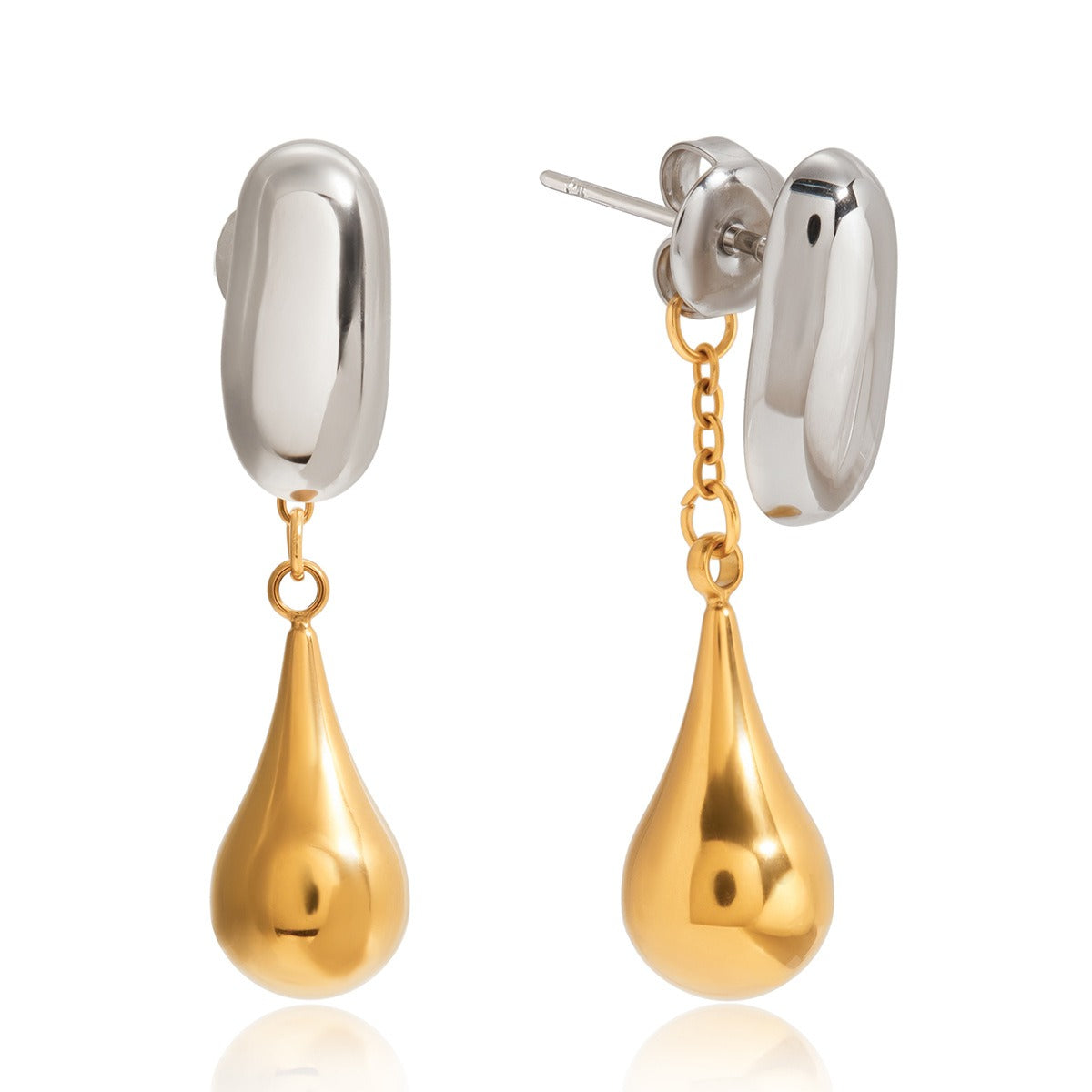 18K gold and S925 silver two-tone teardrop front and back stud earrings