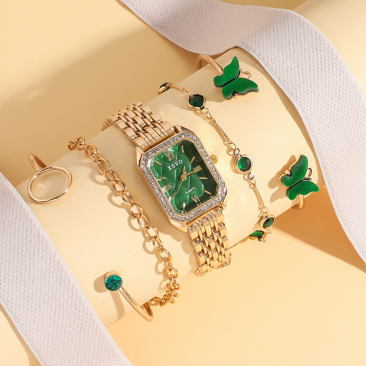 Wild Emerald Square Steel Watch Butterfly Bracelet 5pcsset Gift Set