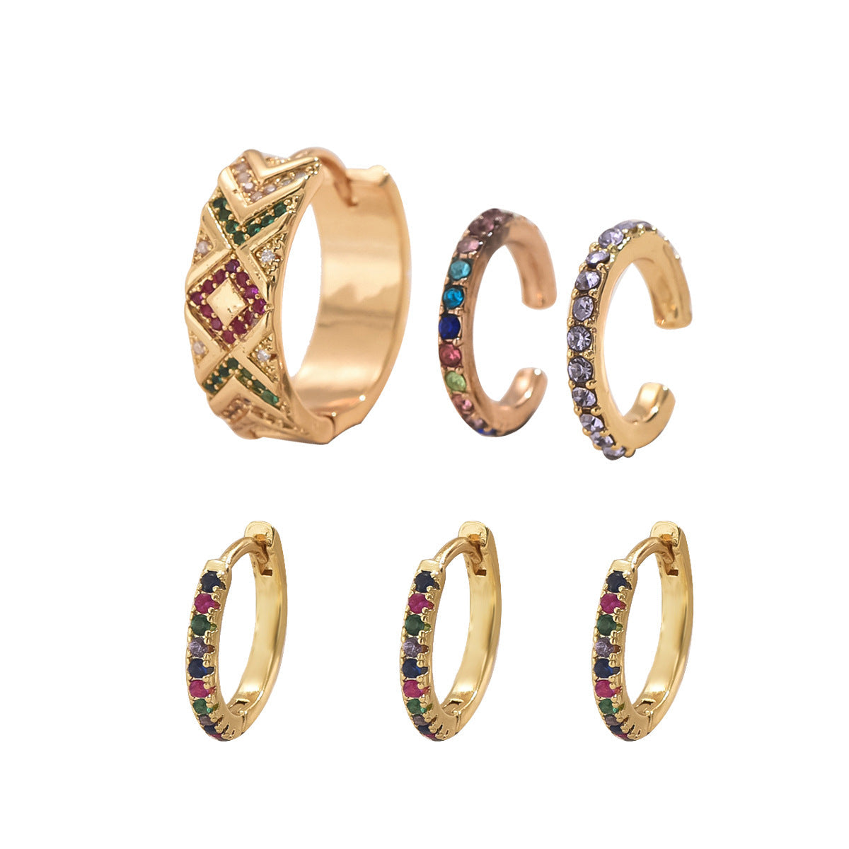 Ins Light Luxury Fashion Palace Style Women's Earrings Simple Inlaid Colorful Zircon Niche Design Ear Buckle Earrings