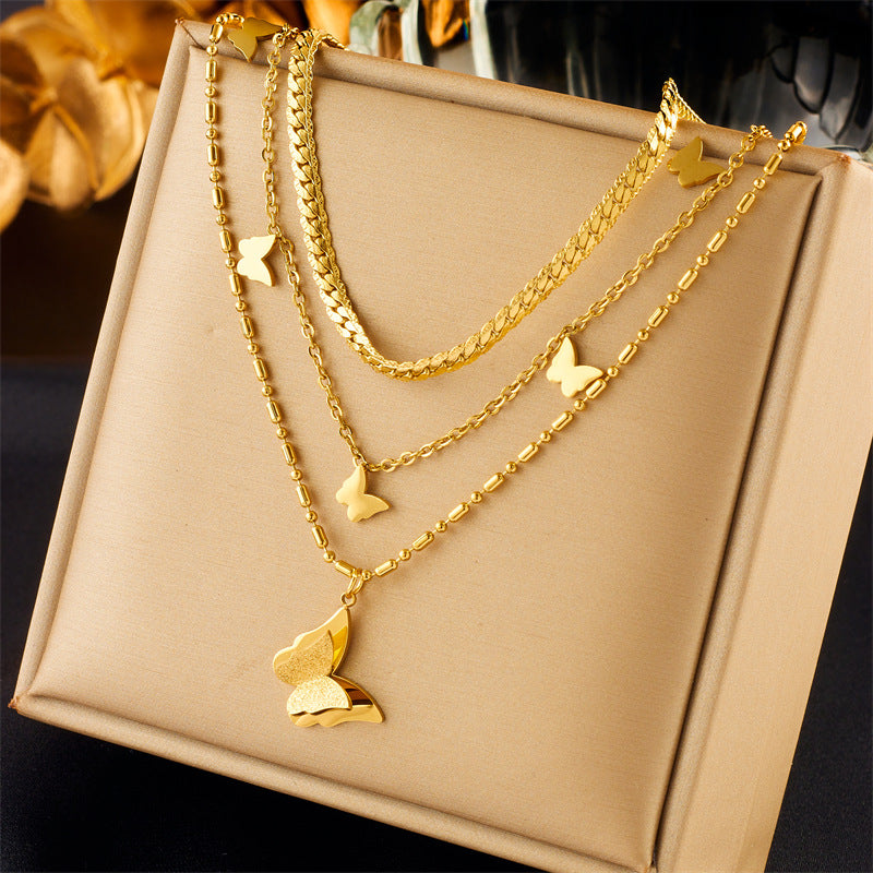 European And American Retro Butterfly Pearl Double-Layered Necklace For Women, Cross-Border Light Luxury Niche Stainless Steel Gold-Plated Jewelry Necklace