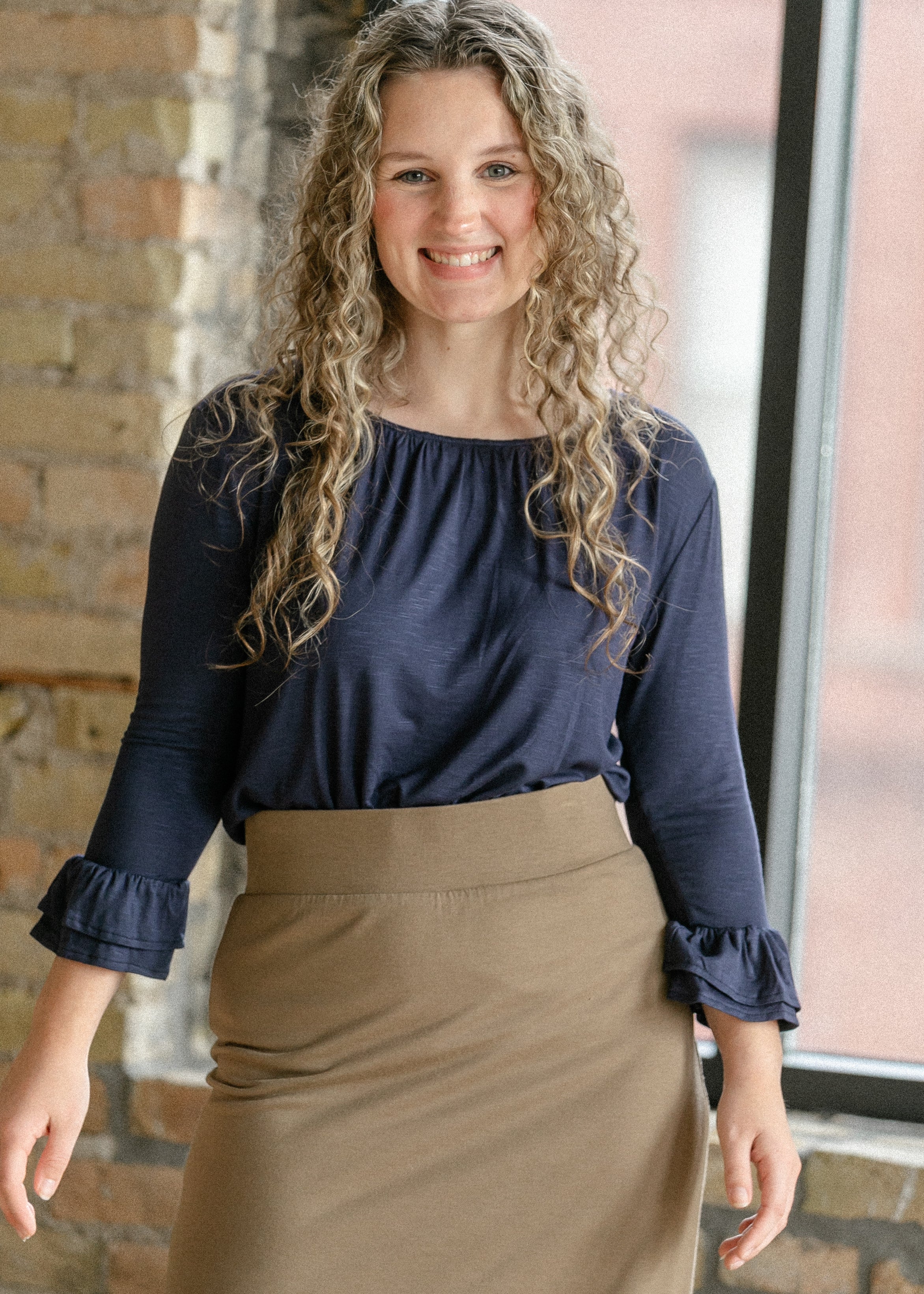 Essential Navy Ruffled 3/4 Sleeve Top