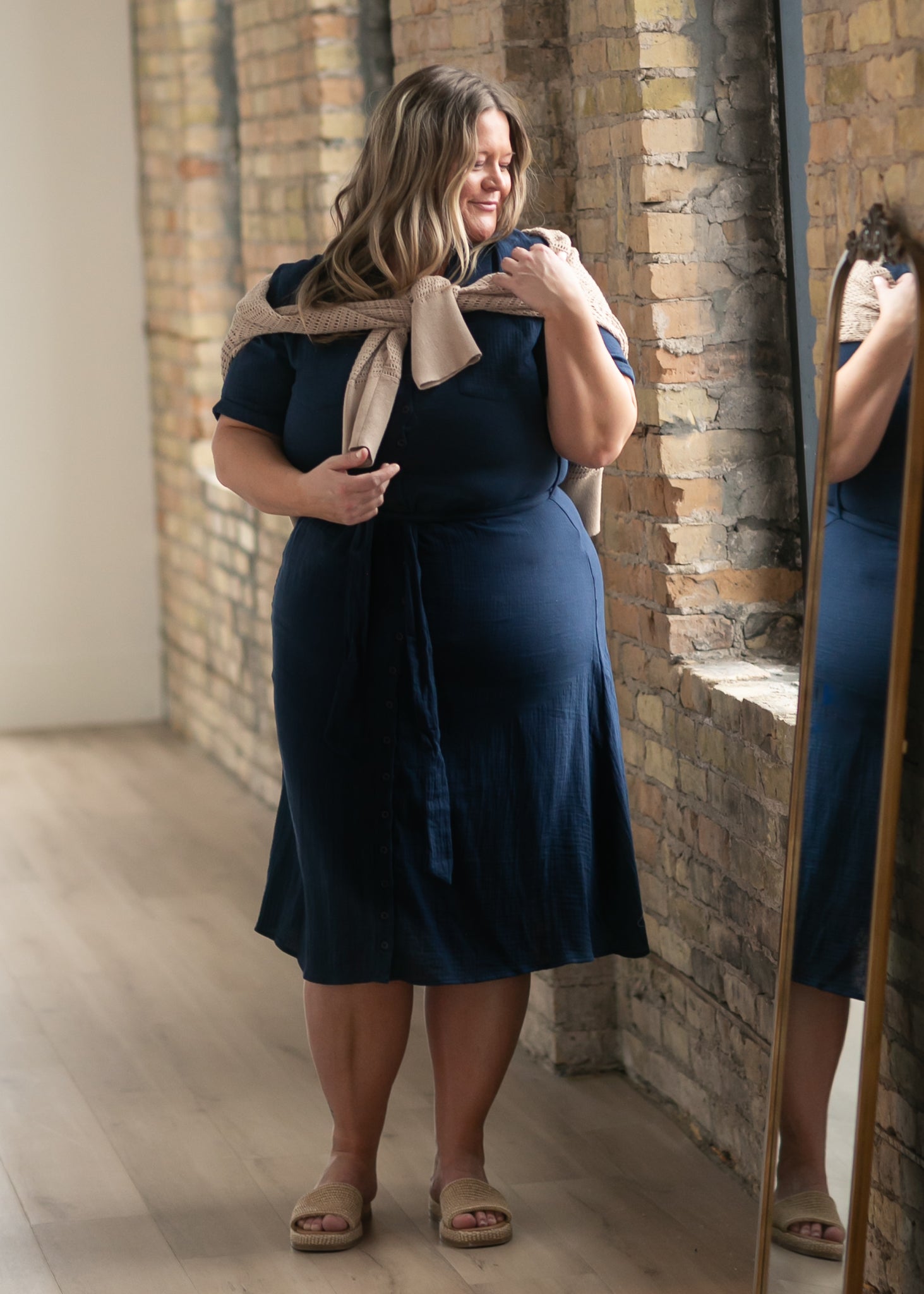 Essential Navy Short Sleeve Gauze Shirt Dress