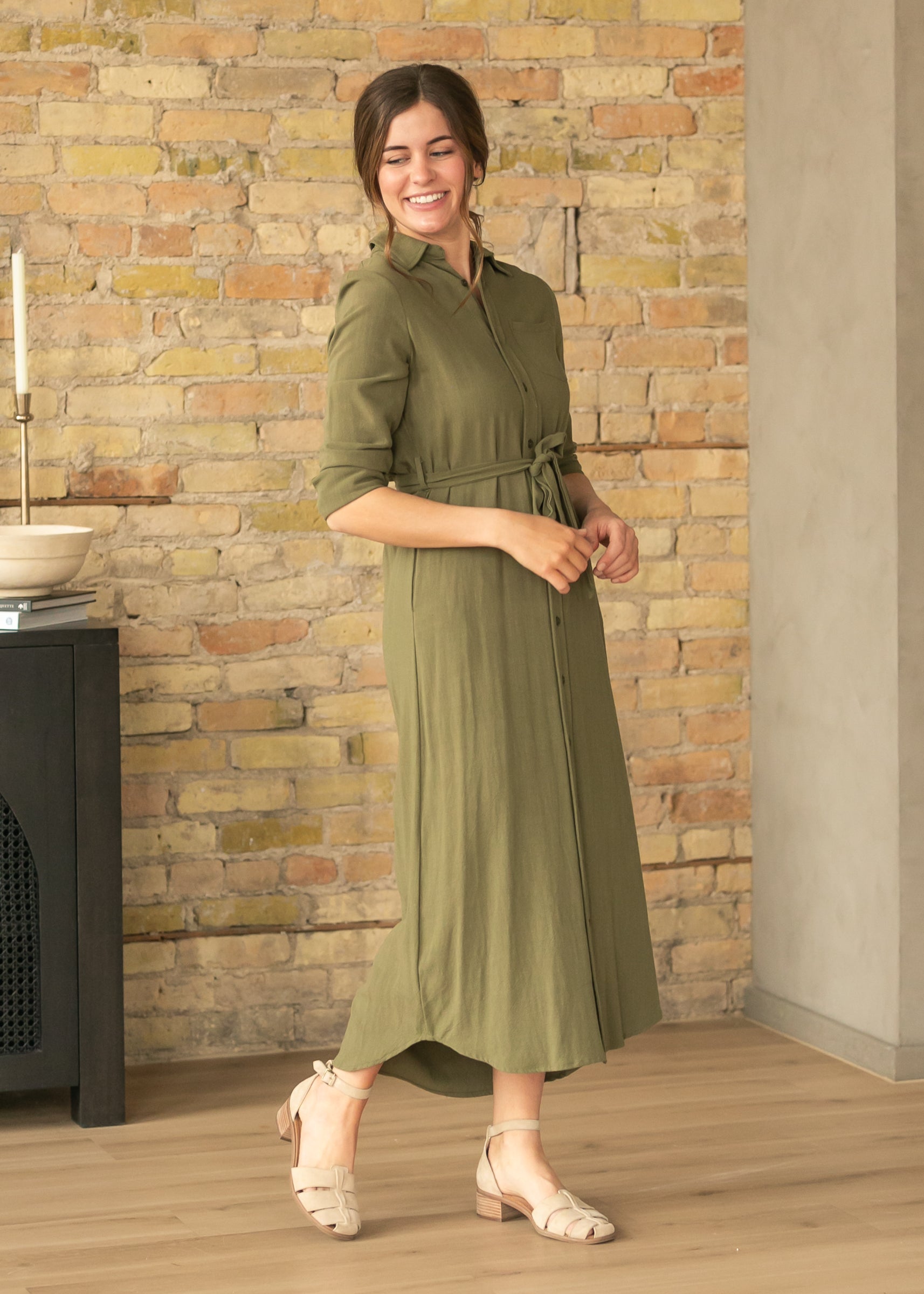 Essential Olive Long Sleeve Linen Shirt Dress