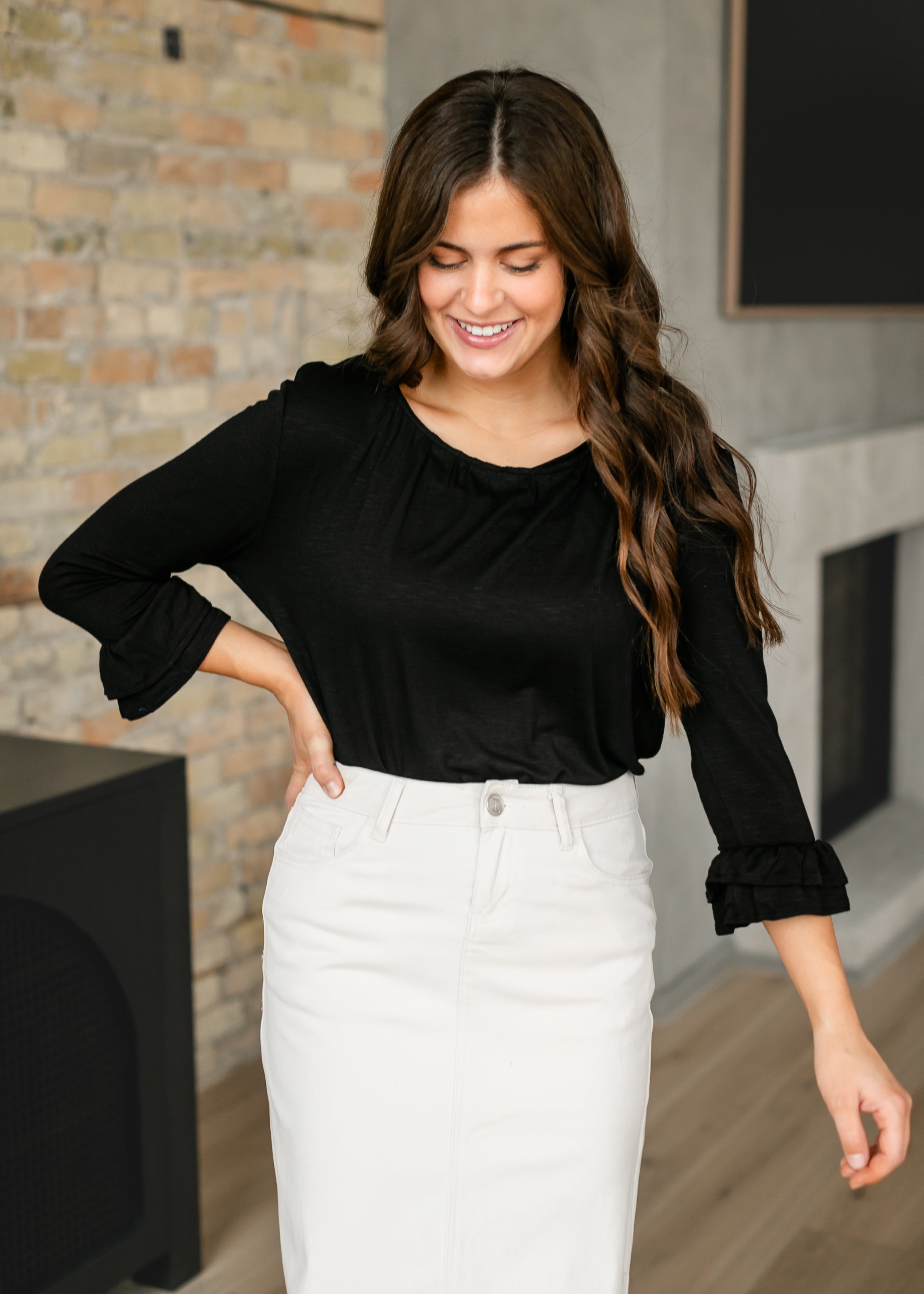 Essential Black Ruffled 3/4 Sleeve Top
