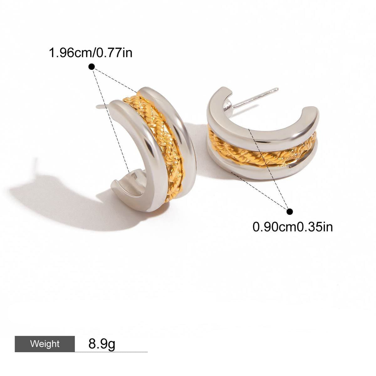 18K gold C-shaped earrings with gold and silver color matching design, trendy and unique
