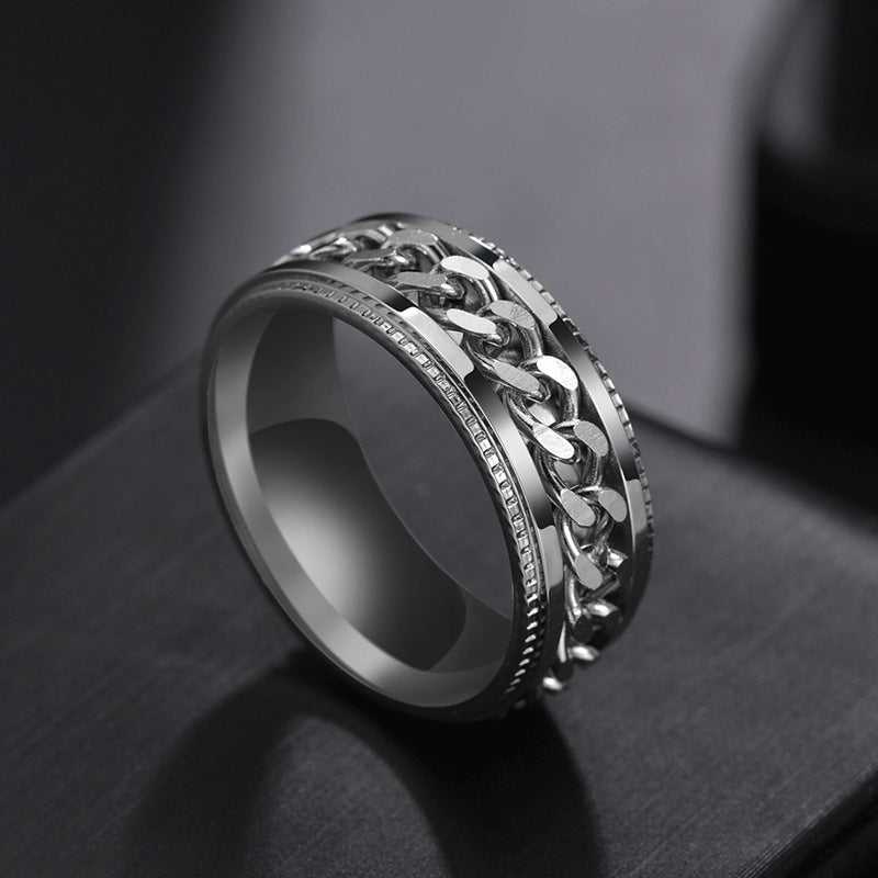 Stainless Steel Rotating Cuban Chain Spinner Ring For Men