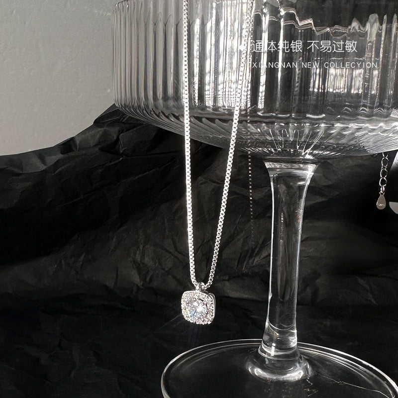 925 Sterling Silver Square Diamond Necklace 2025 New Fashion Hot-Selling Clavicle Chain Exquisite Light Luxury Women's Niche Design