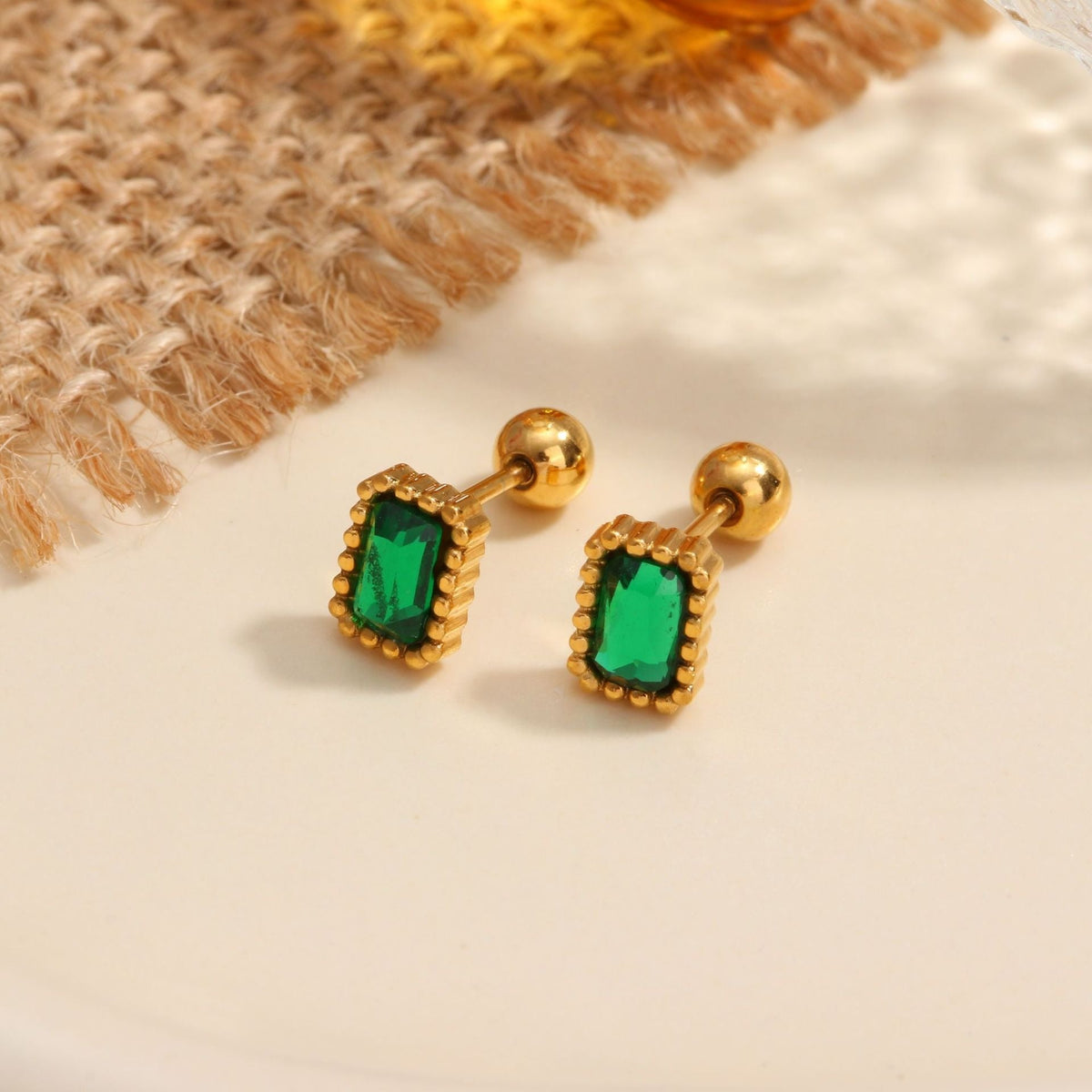 18K gold geometric inlaid gemstone design high-end earrings
