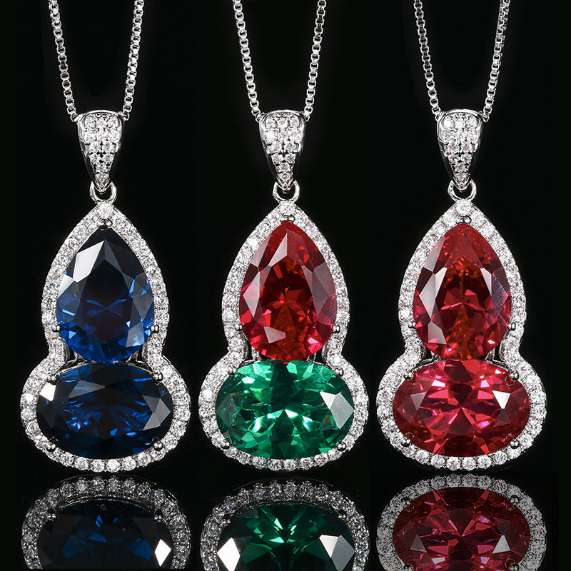 Luxury Gourd Shape Crystal Pendant Necklace For Women Micro Paved Zircon Lucky Hu Lu Colored Gemstone Choker Necklace Elegant Silver Plated Clavicle Chain Jewelry Gift