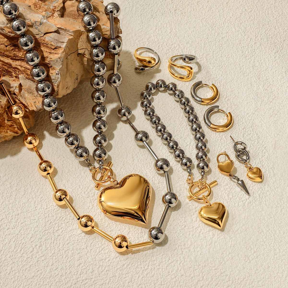 18K gold heart shape with gold and silver color matching design trendy personality necklace bracelet ring earrings set