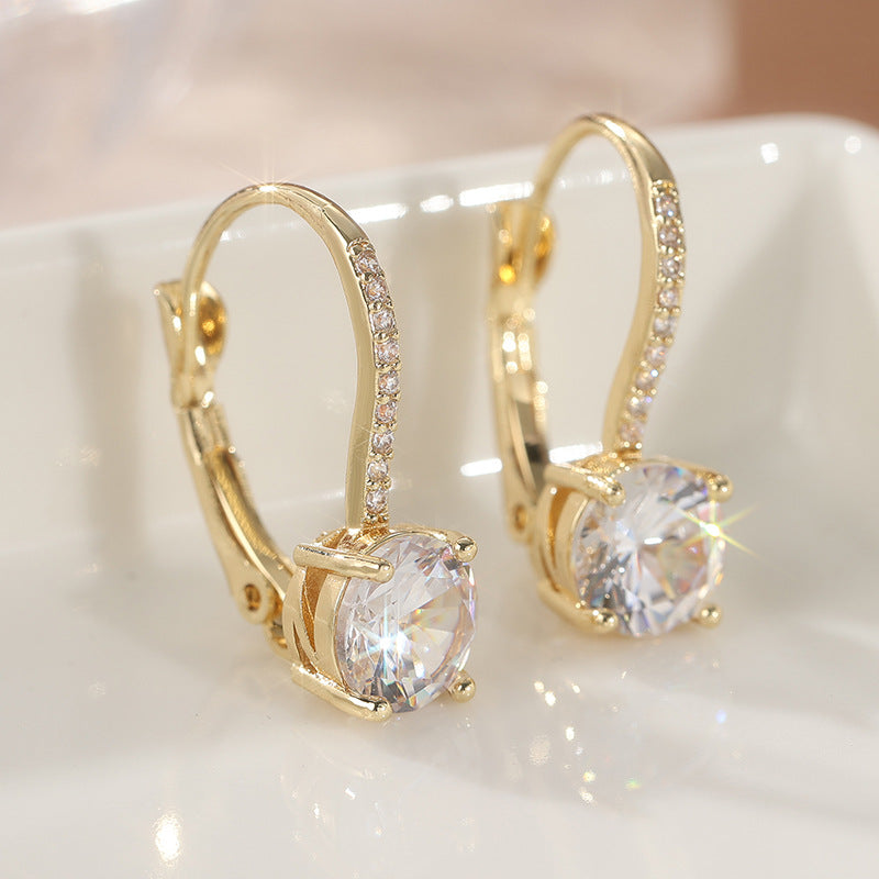 Luxury Sparkling Gold Plated Hook Dangle Earrings For Women, Inlaid Premium White  S925 Silver Needle Wedding Party Ear Jewelry