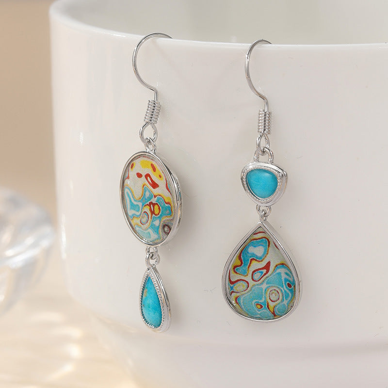 Vintage Colorful Abstract Stone Asymmetric Drop Earrings Silver Tone Brass Women Boho Daily Fashion Jewelry