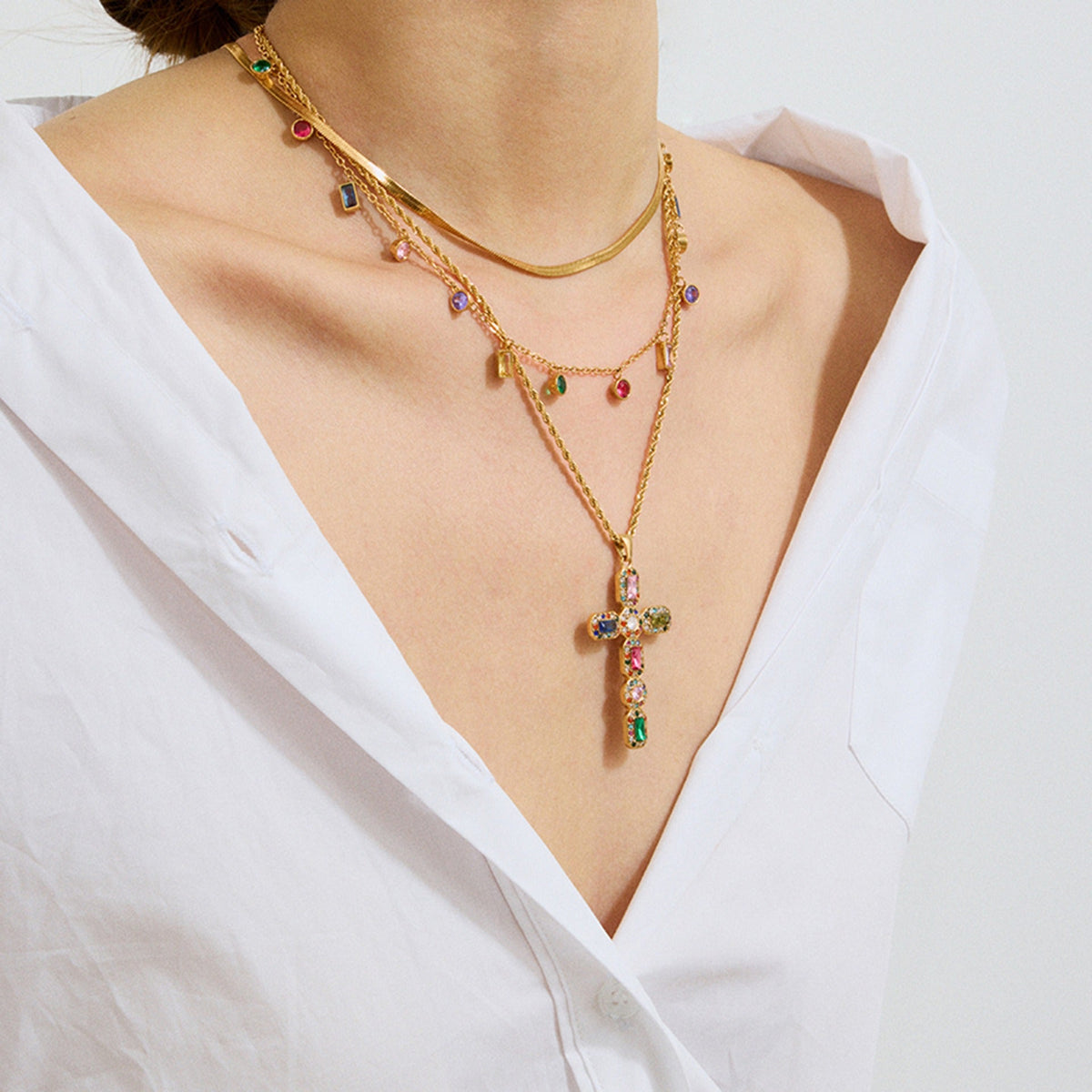 18K gold cross inlaid gemstone exquisite design dazzling necklace