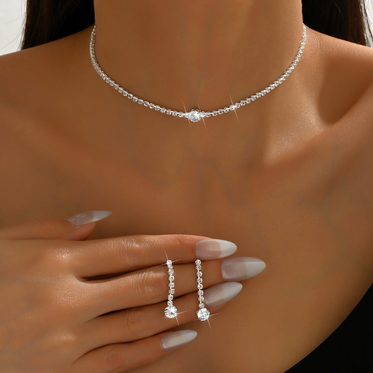 European And American Export New Bridal Clothing Exquisite Necklace Simple Stylish High-End Rhinestone Zircon Jewelry Set