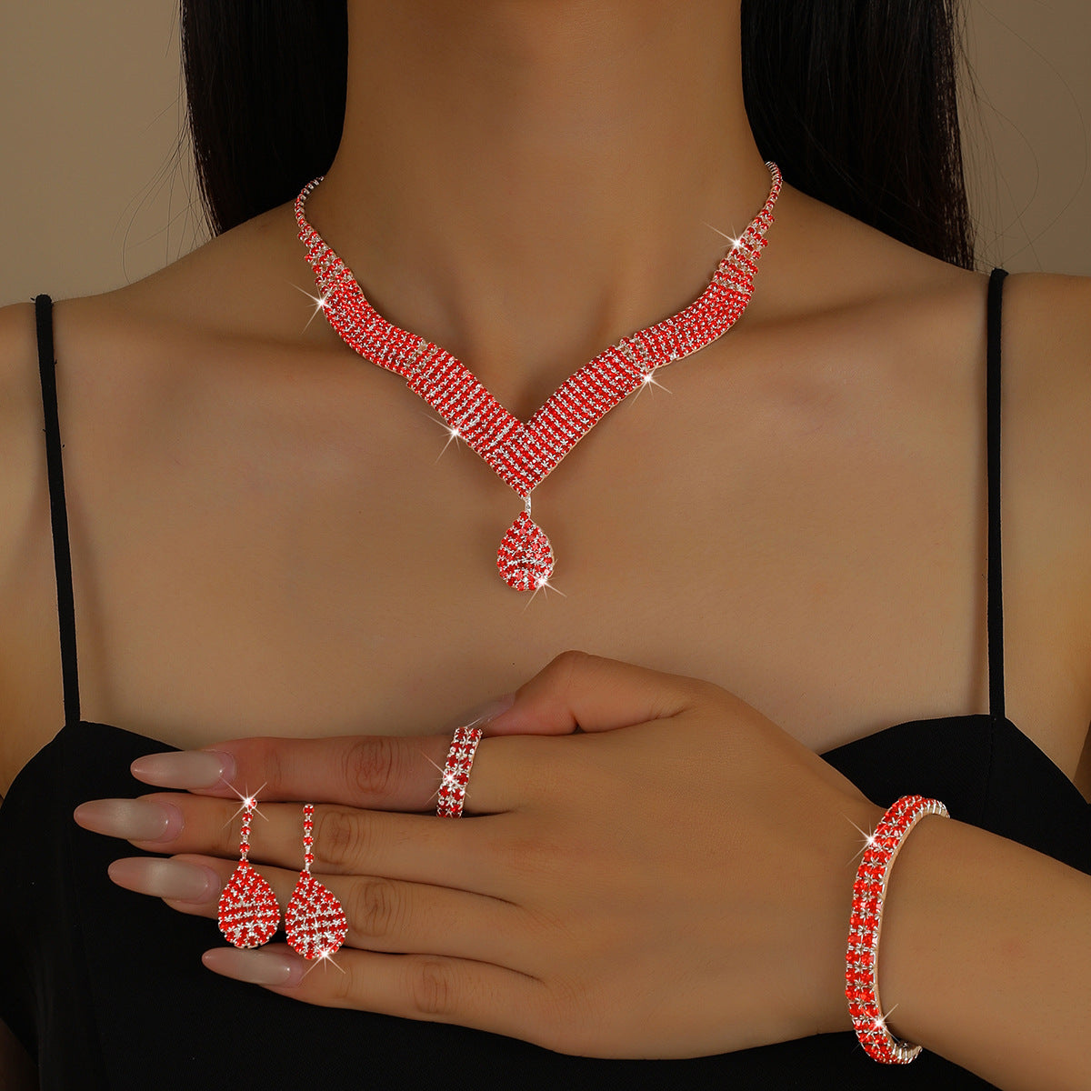 Luxury Chain European And American Wedding Jewelry Jewelry Set Bridal Wedding Supplies Necklace Earrings Bracelet Ring Head