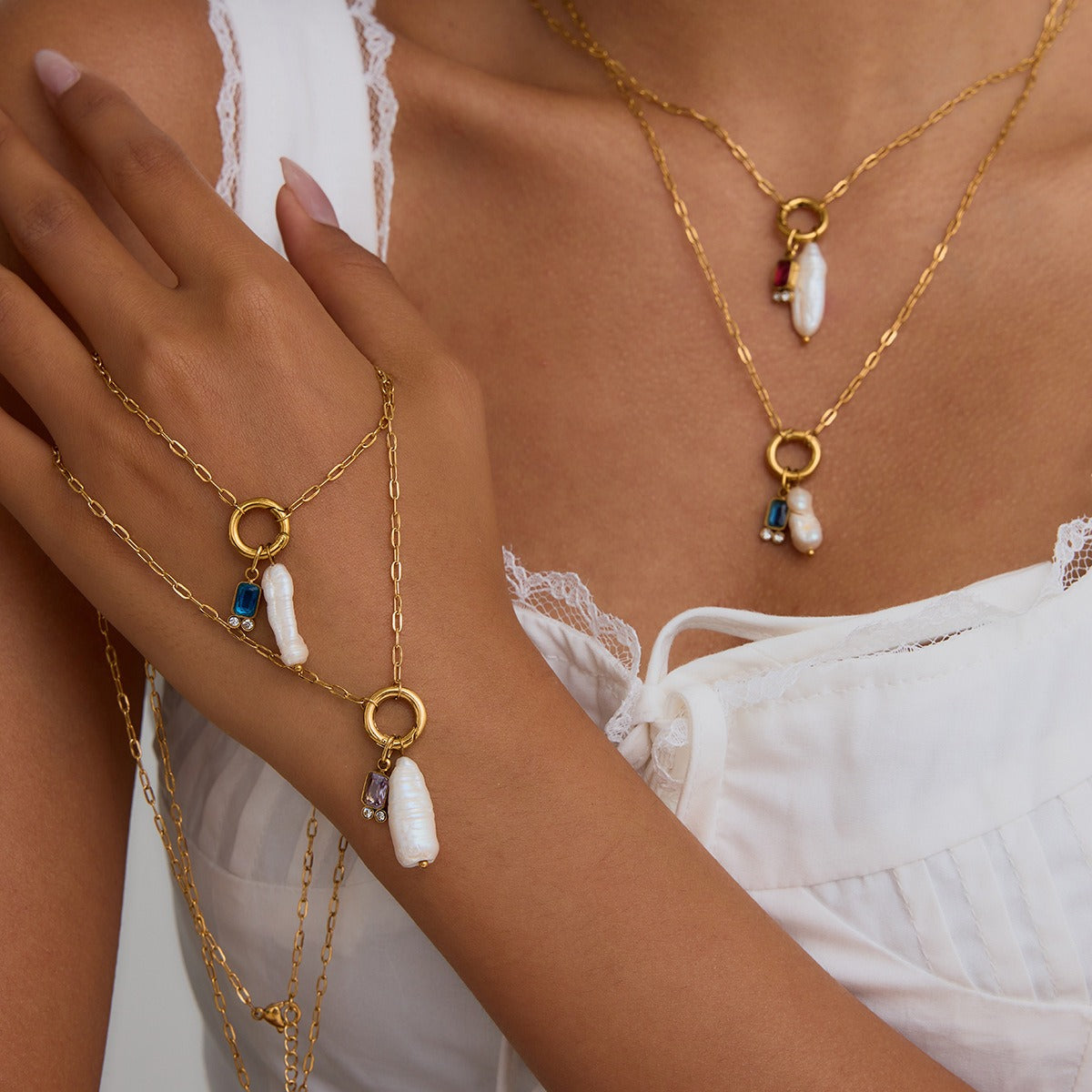 18K gold birthstone with irregular pearl design exquisite dazzling necklace