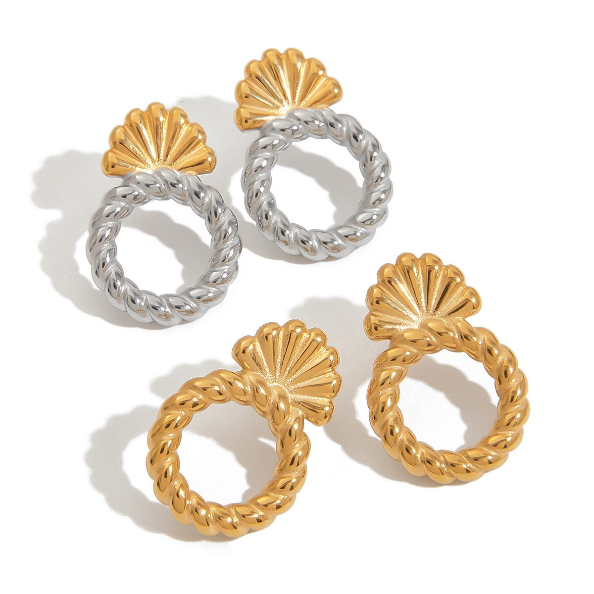 18K gold hollow round with shell-shaped design simple personality earrings