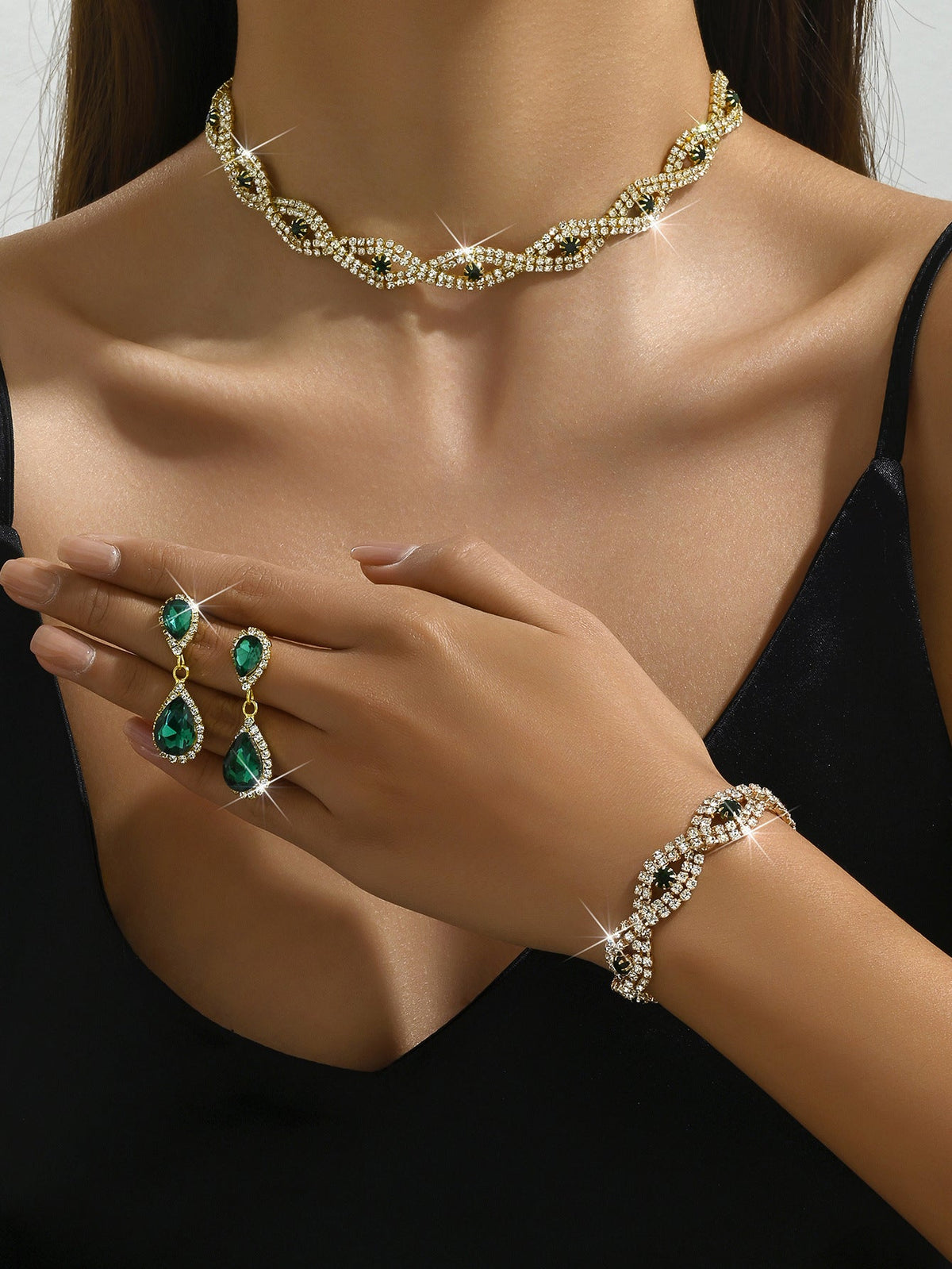 Cross-Border European And American Bridal Jewelry Necklace Bracelet Earrings Set Three-Piece New Year's Eve Dinner Dress Versatile Jewelry