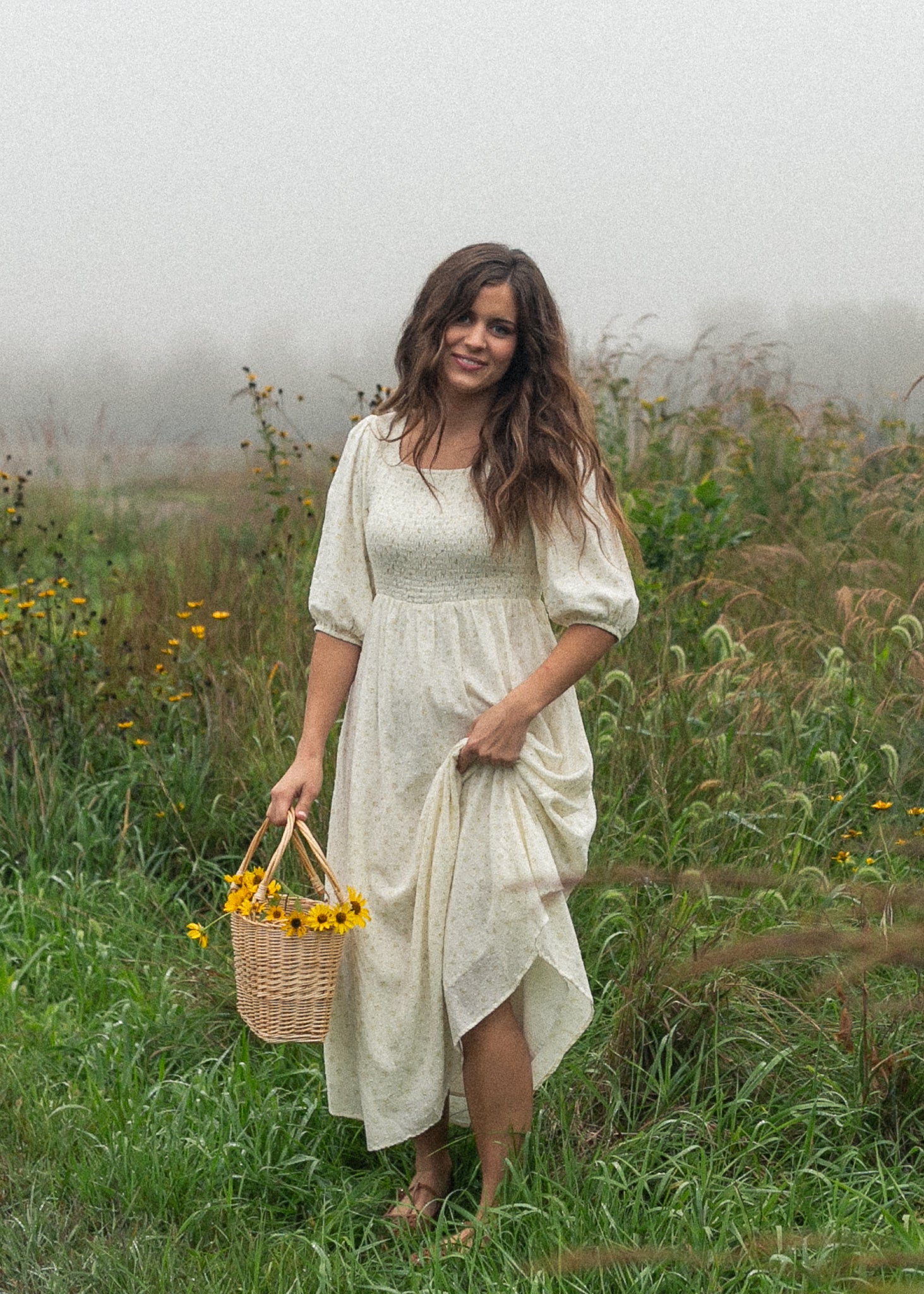 Kayleen Ivory Floral Smocked Bodice Maxi Dress