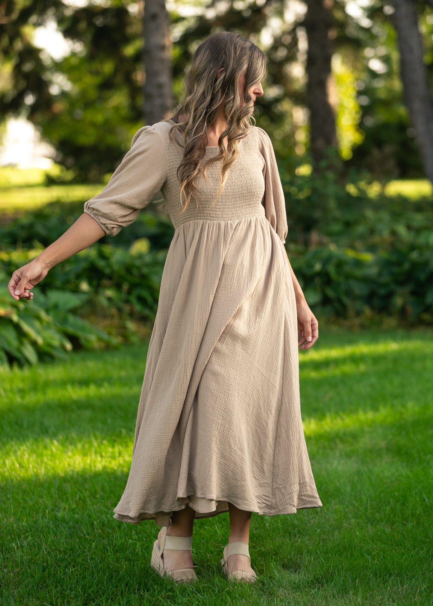 Kayleen Tan Smocked Bodice Gauze Dress