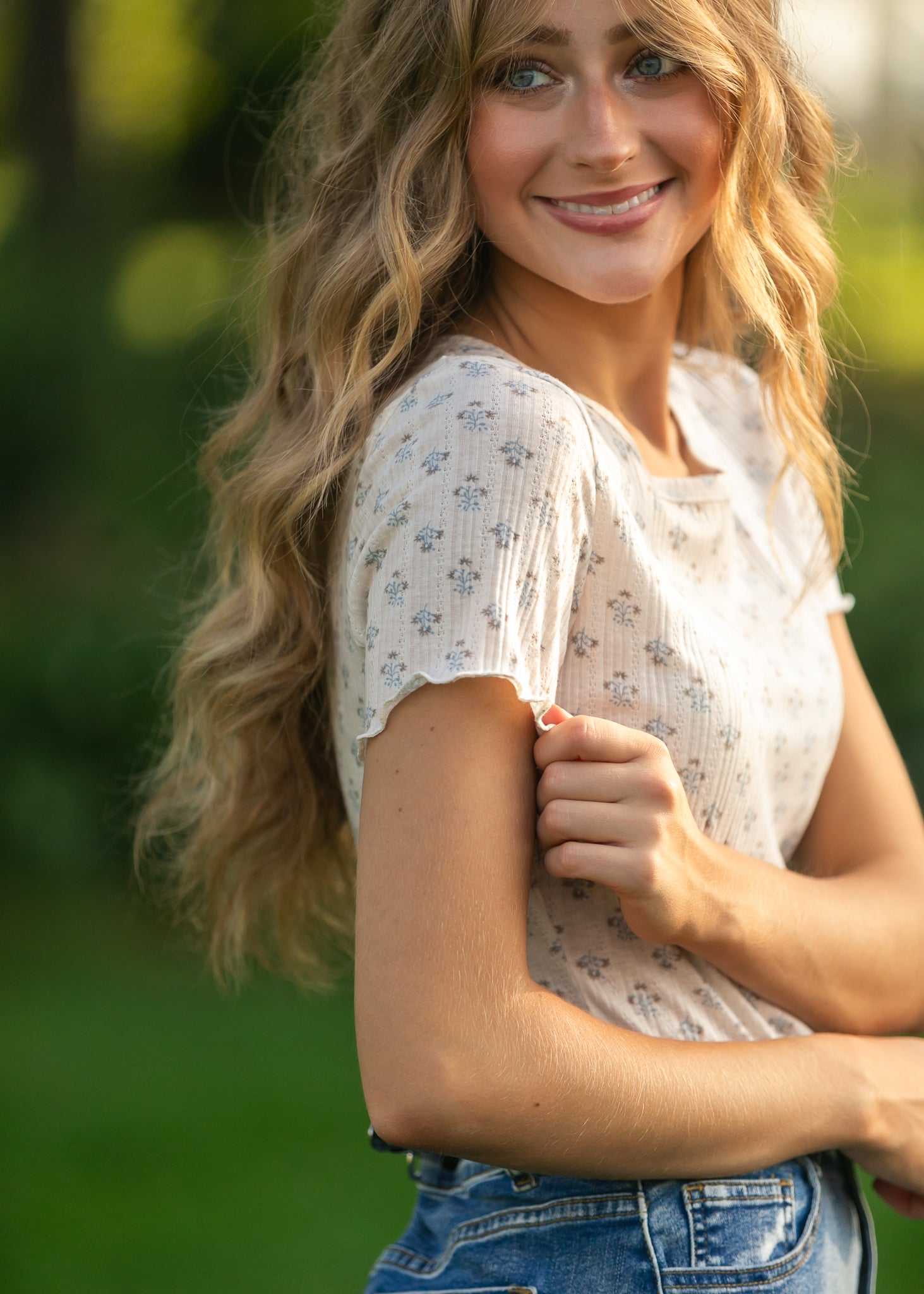 Larza Blue Floral Lettuce Hem Top