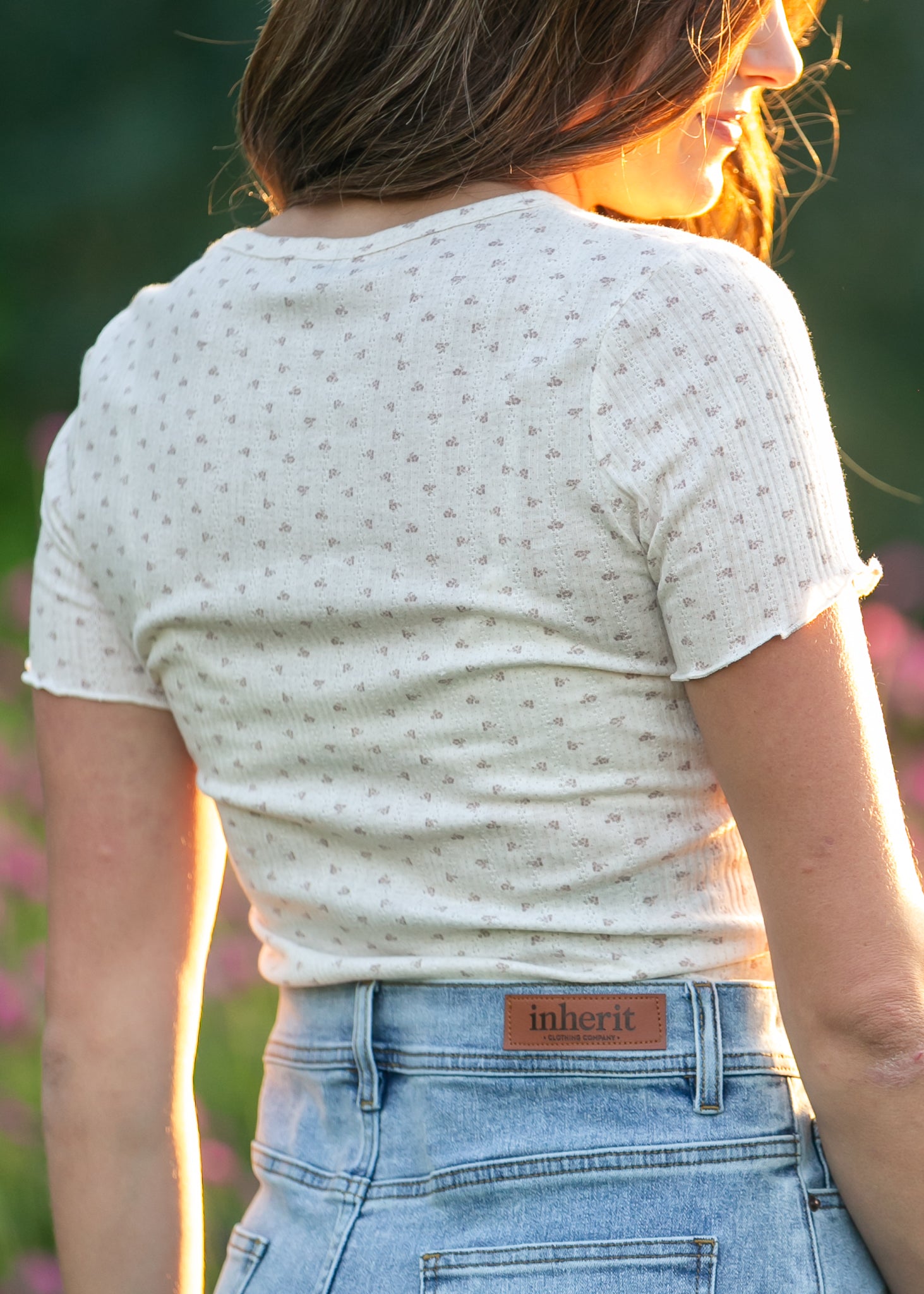 Larza Taupe Floral Lettuce Hem Top